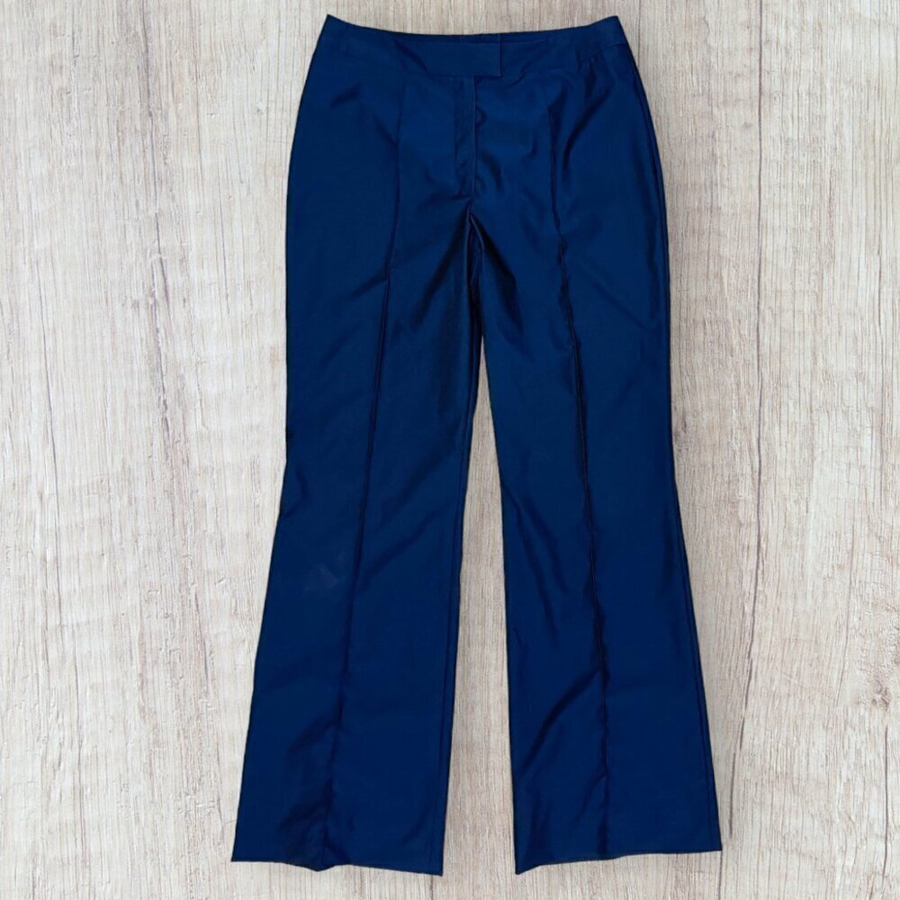 Escada Iridescent Navy Wide Leg Pants Y2K Shimmer Taffeta Stretch US 10 / EU 40